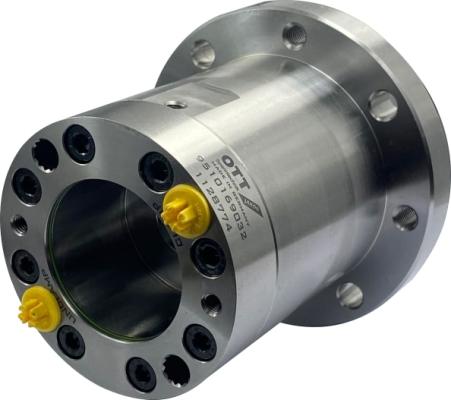 Preview: Hydraulik-Löseeinheit LE95F-H23 in Silber mit zwei gelben Anschlüssen mit der Artikelnummer 9510169032 von OTT-JAKOB Spanntechnik