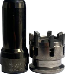 Tool Gripper HS-A/E 63-B/F 80-B-SR black and silver part standing side by side with article number 9560003326 from OTT-JAKOB Spanntechnik