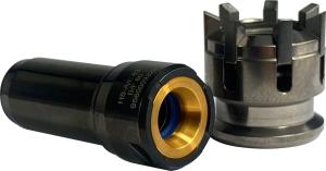 Tool Gripper HS-A/E 63-B/F 80-B-SR black part lying obliquely with opening to the front and silver part standing next to it with article number 9560003326 from OTT-JAKOB Spanntechnik